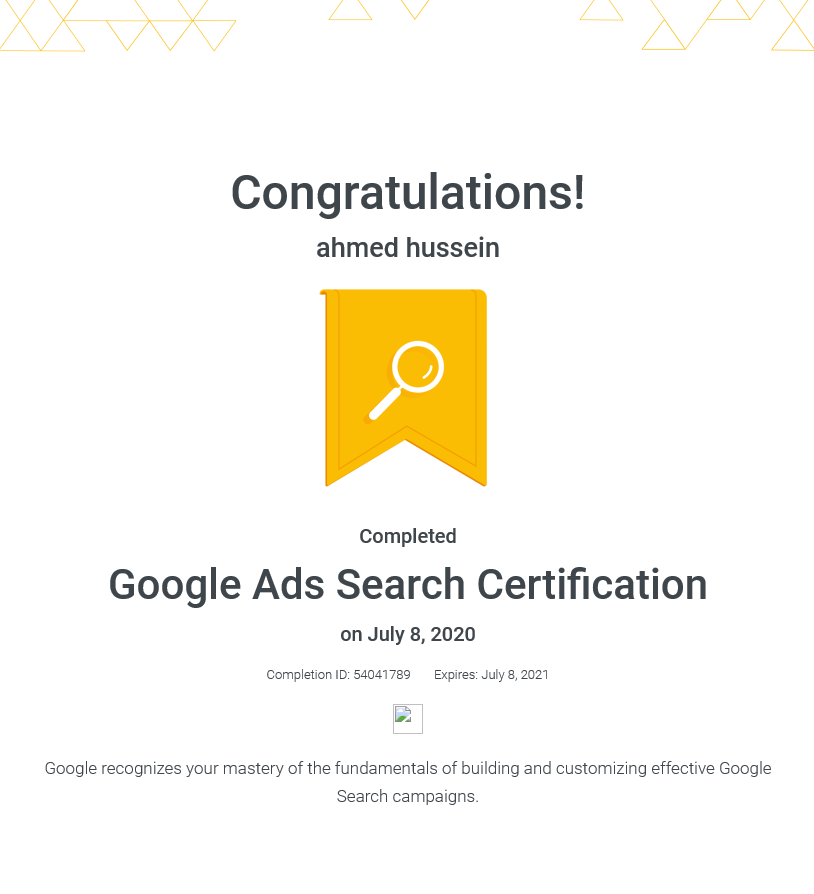 GOOGLE ADS SEARCH CERTIFICATION — COMPLETED JULY 8, 2020