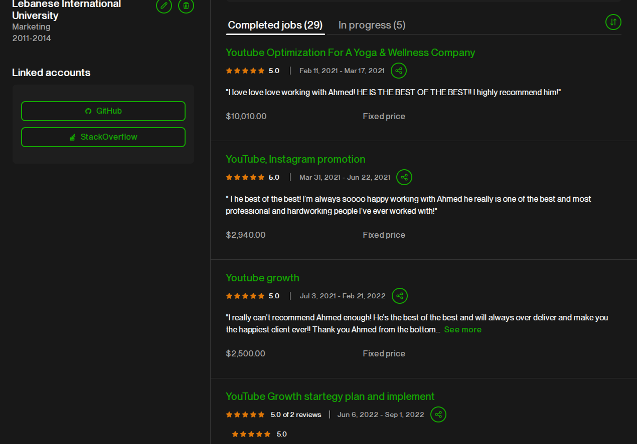 Upwork completed jobs and five-star reviews for Ahmed Hussein