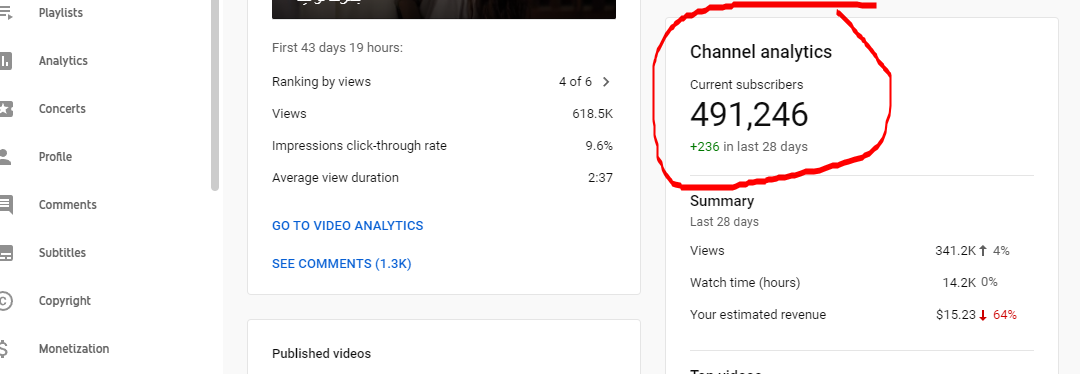 YOUTUBE — 491,246 SUBSCRIBERS / 341.2K VIEWS IN 28 DAYS